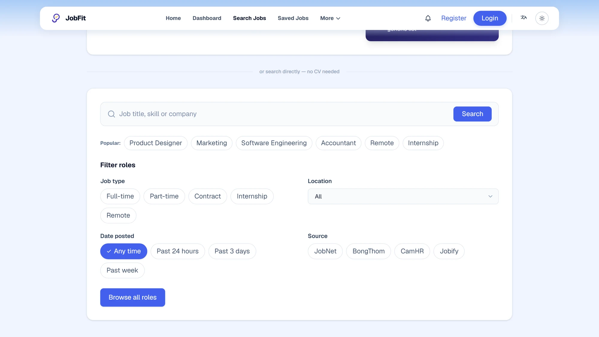 JobFit job search with popular searches and filters for job type, location, date posted, and source