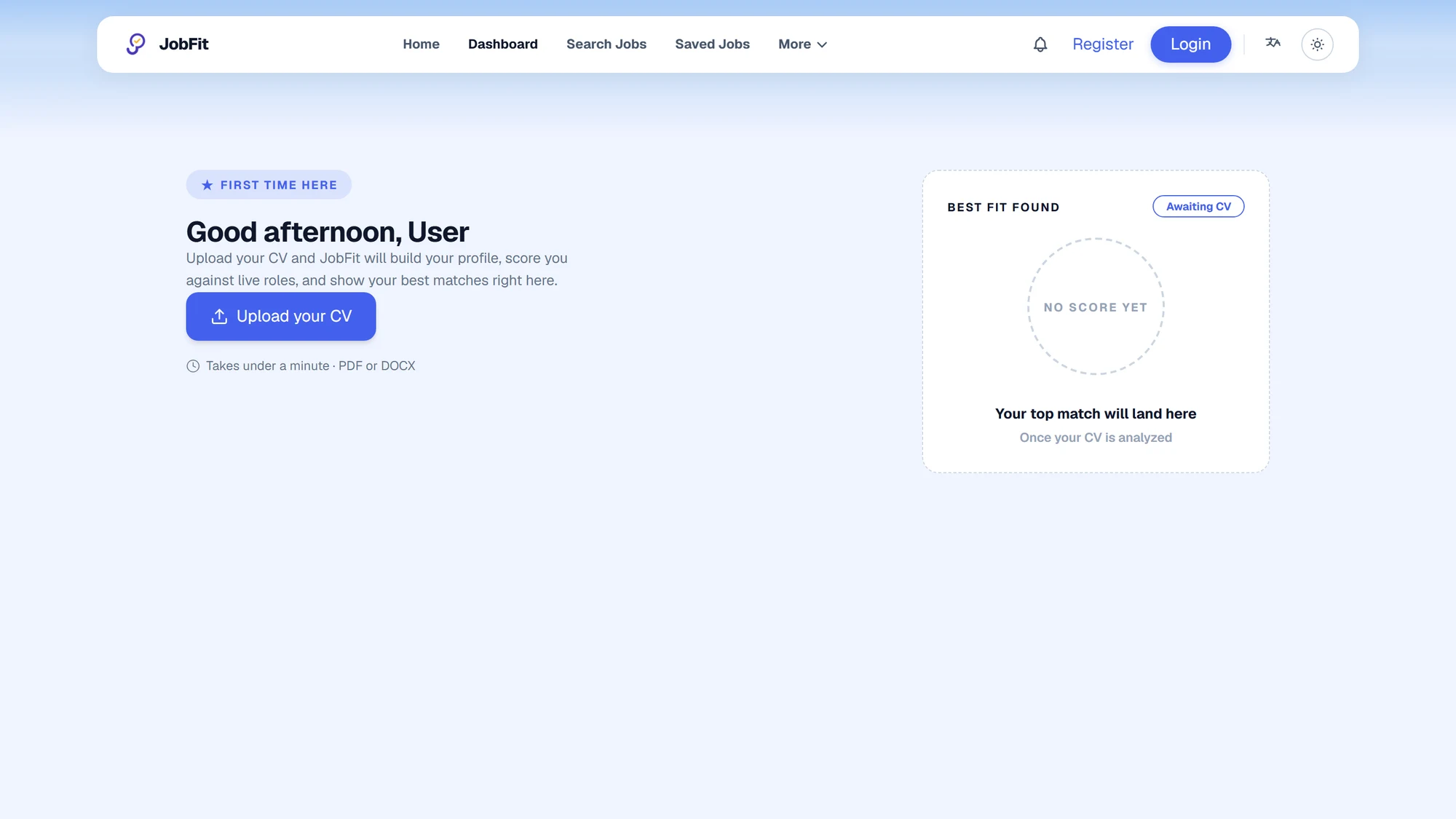 JobFit dashboard with a best-fit card awaiting a CV
