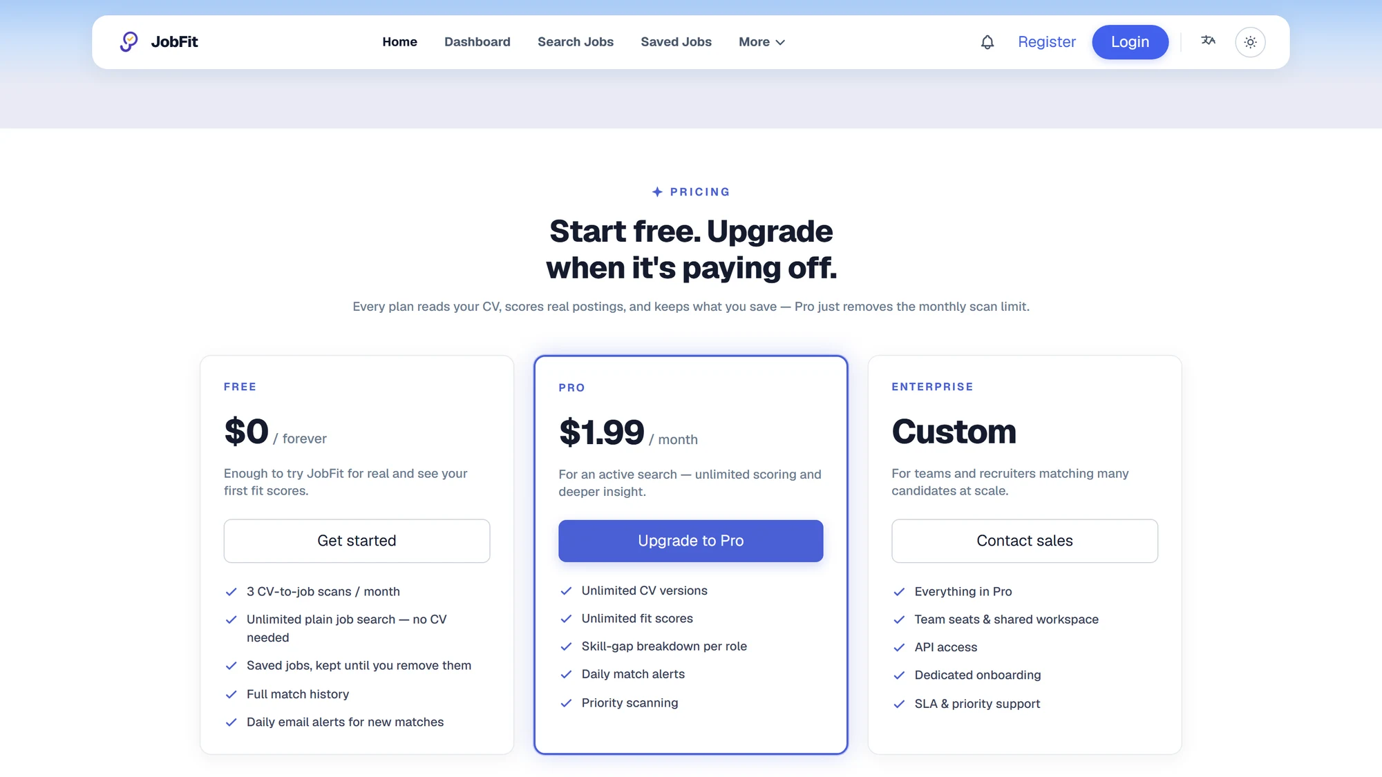 JobFit pricing with Free, Pro, and Enterprise plans