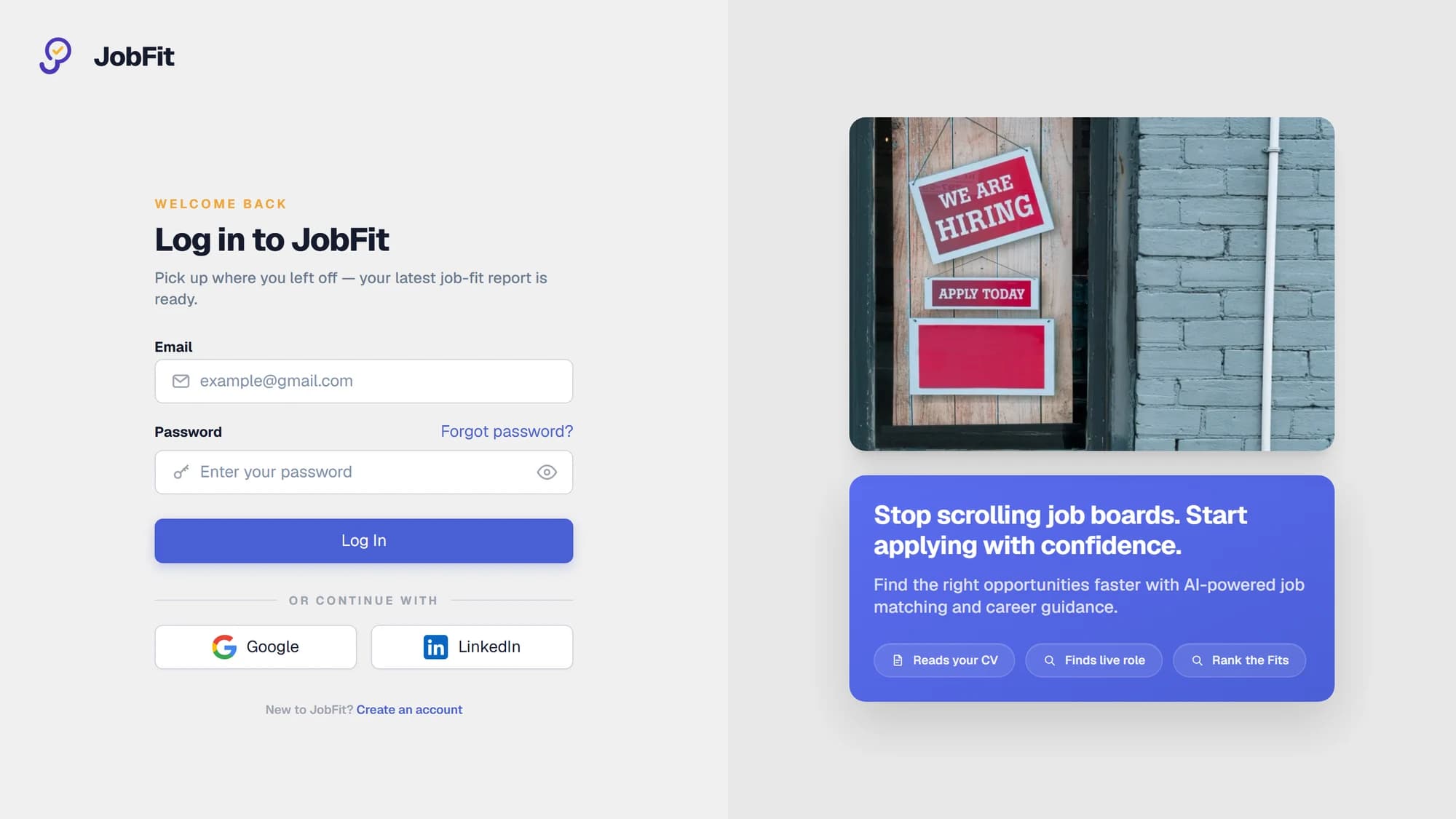 JobFit sign-in page with email, Google, and LinkedIn options