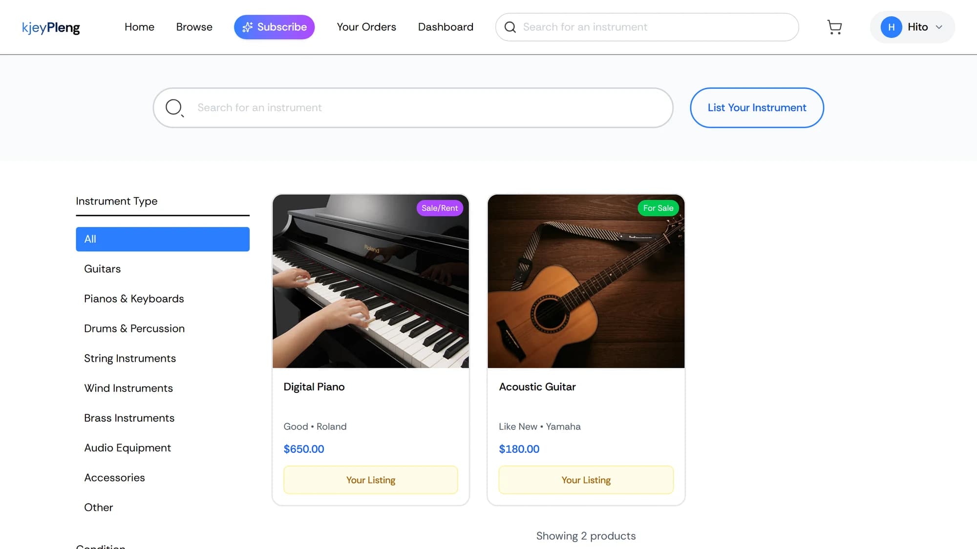 KjeyPleng browse page showing instrument listings with sale and rent badges