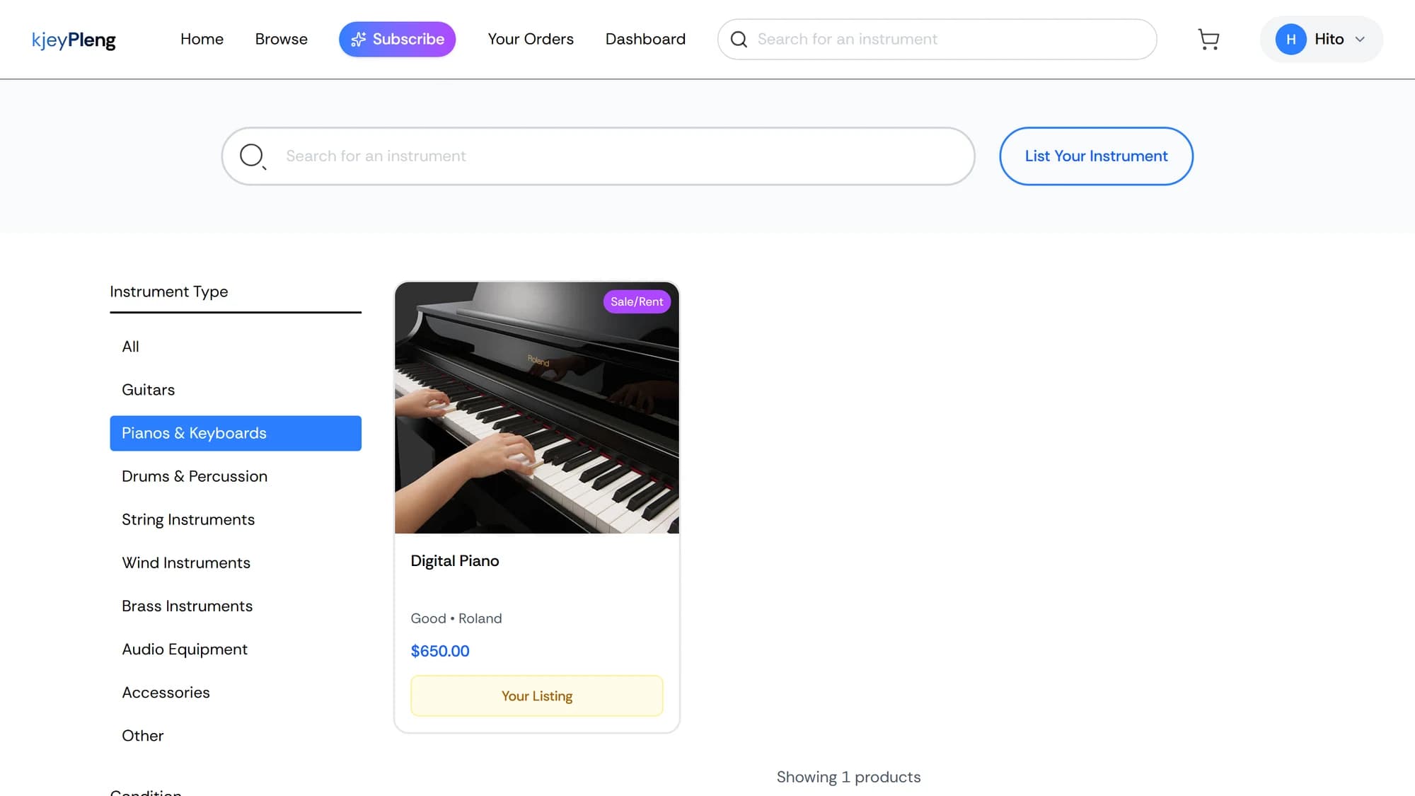 KjeyPleng browse page filtered to the Pianos & Keyboards category