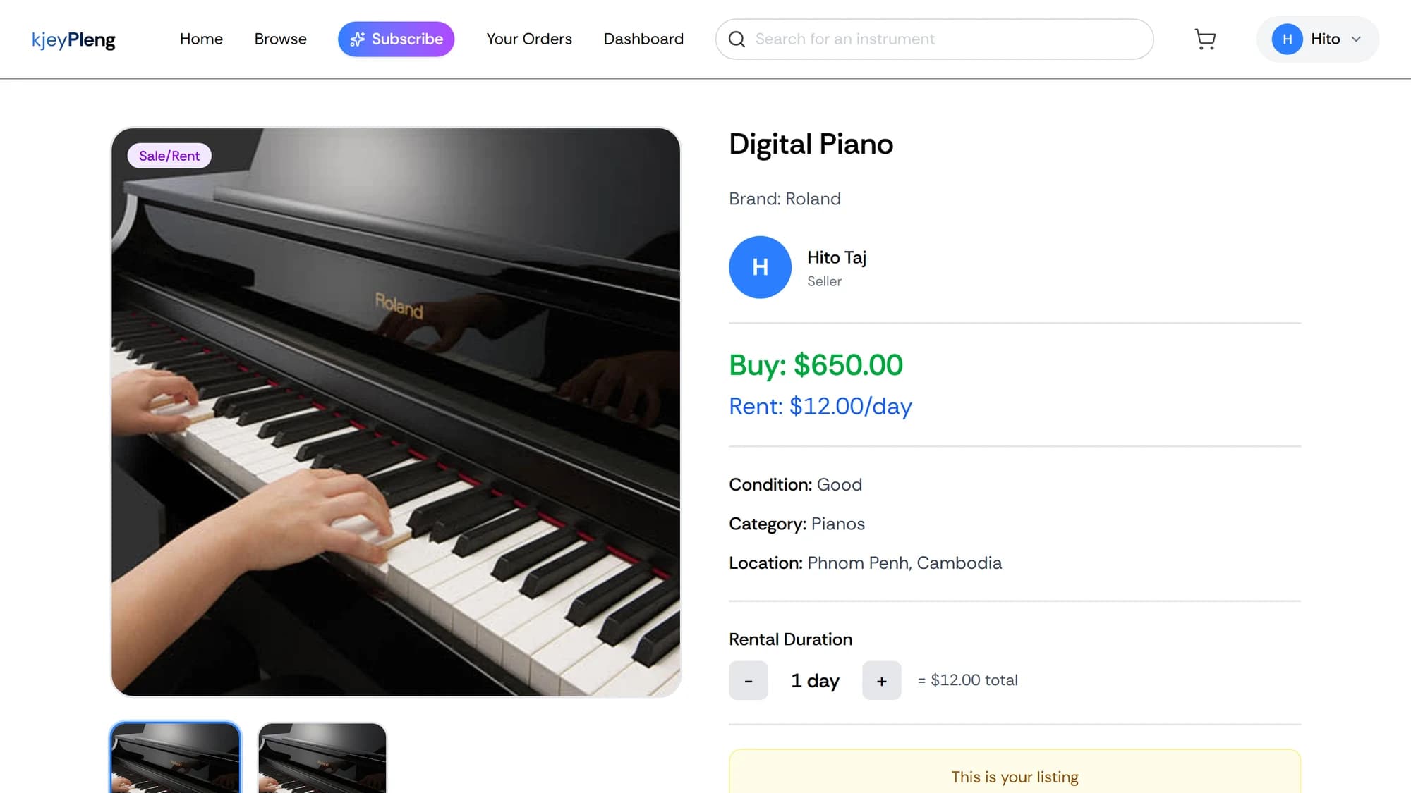 KjeyPleng product page for a digital piano with buy and rent prices and a rental duration picker