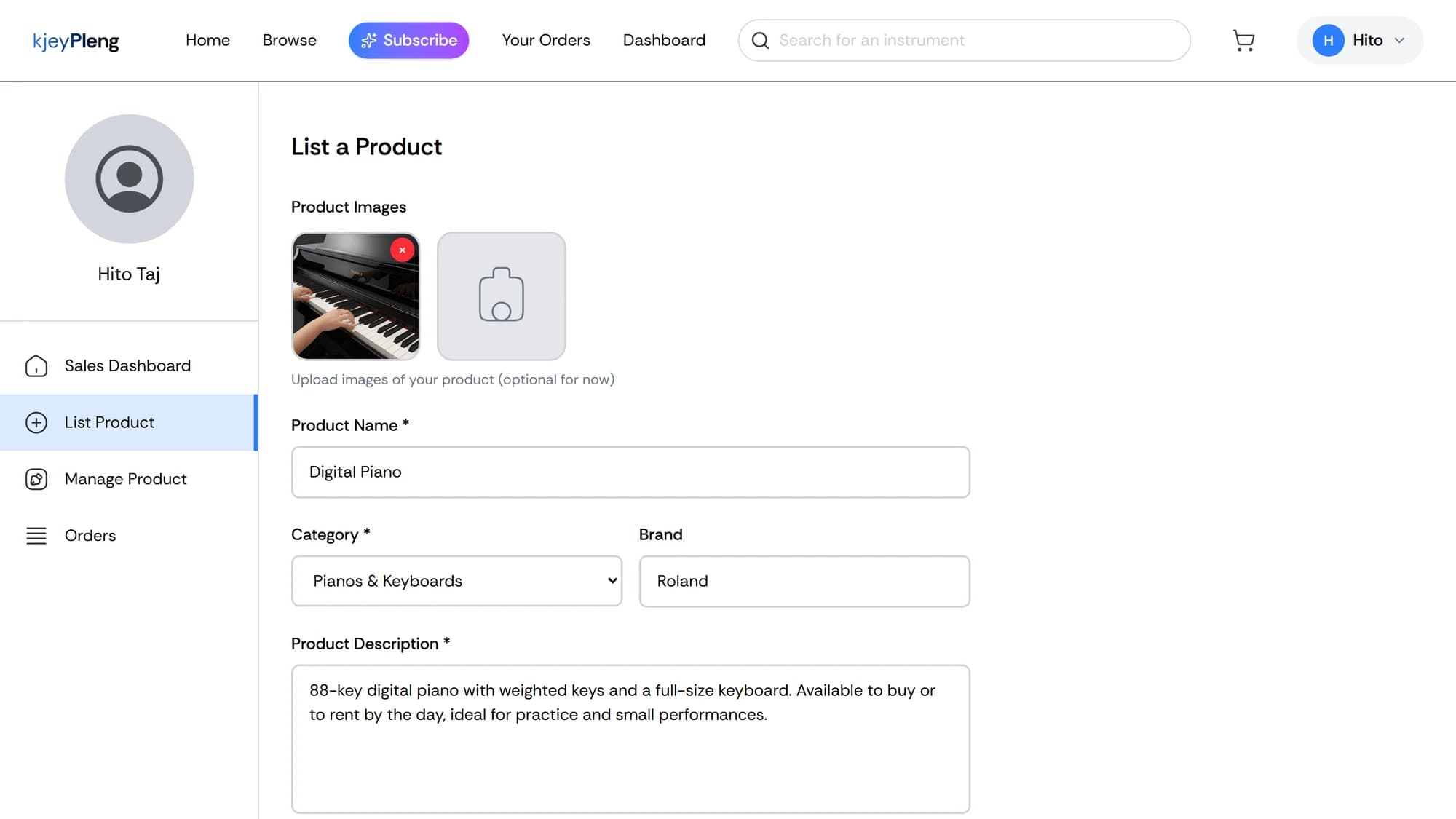 KjeyPleng list-a-product form with photo upload, name, category, brand, and description
