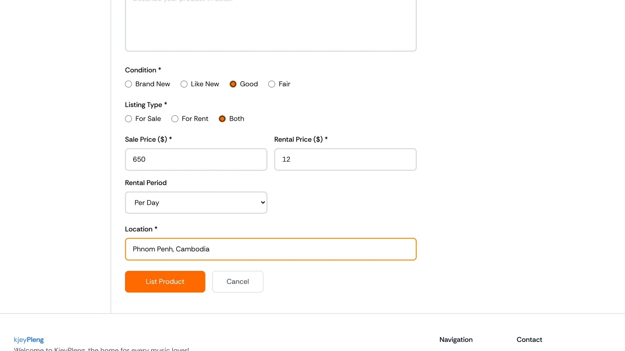 KjeyPleng list-a-product form showing condition, listing type, sale price, rental price, and rental period