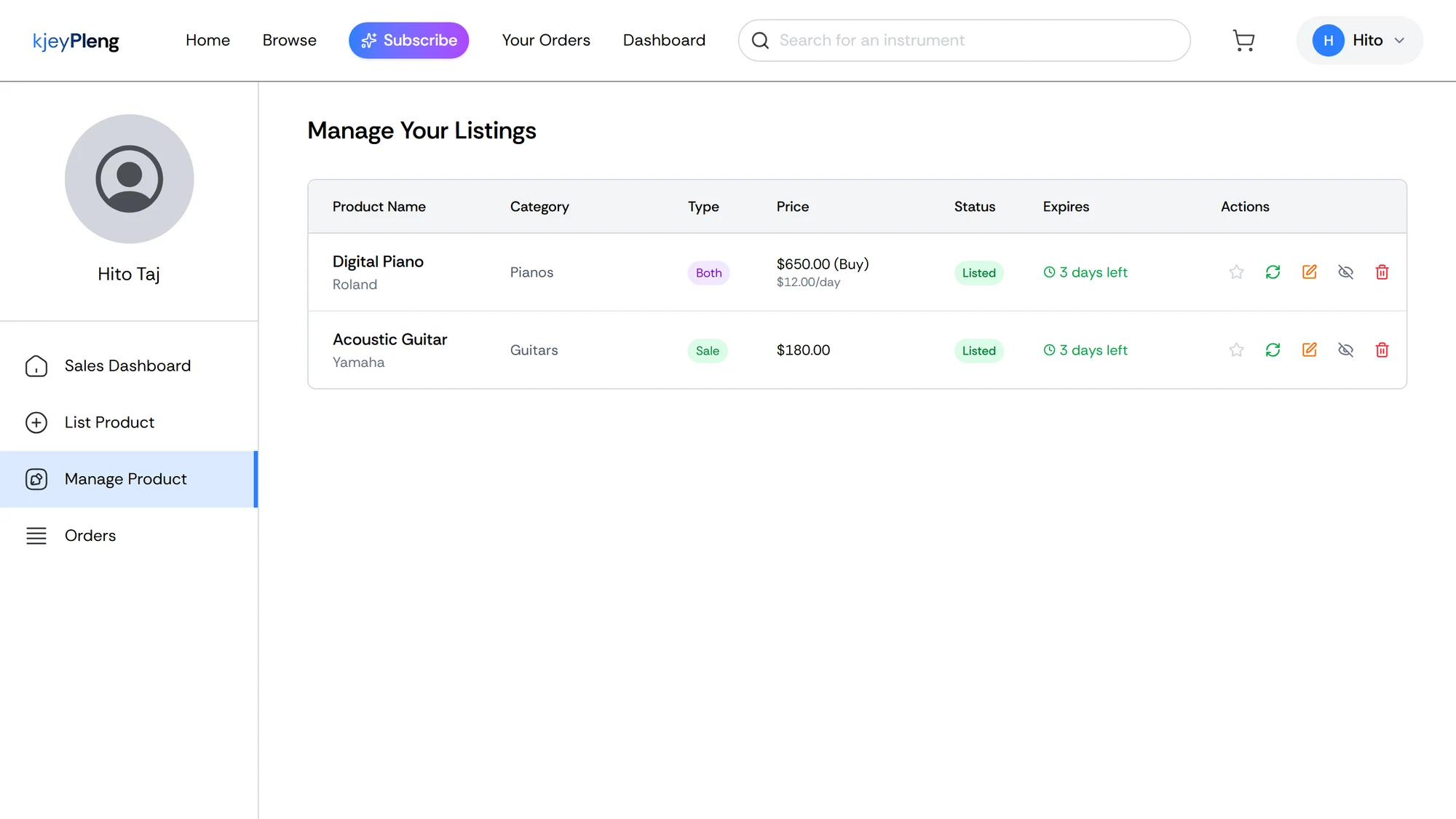 KjeyPleng manage listings table with status, expiry, and feature, renew, edit, hide, and delete actions