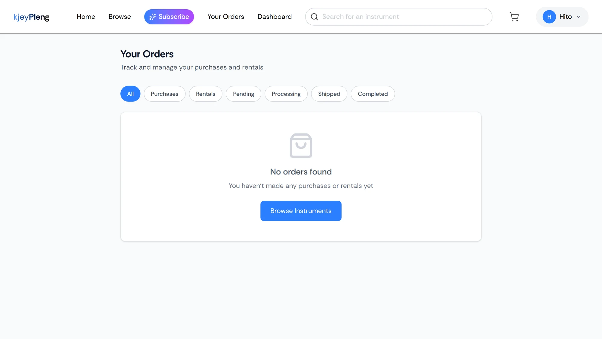 KjeyPleng buyer orders page with purchase, rental, and status filters