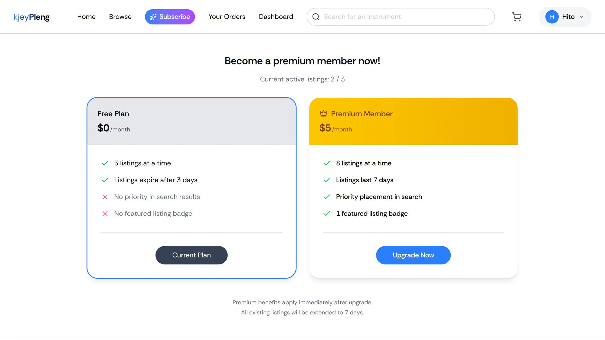 KjeyPleng subscription page comparing the free plan and the premium plan